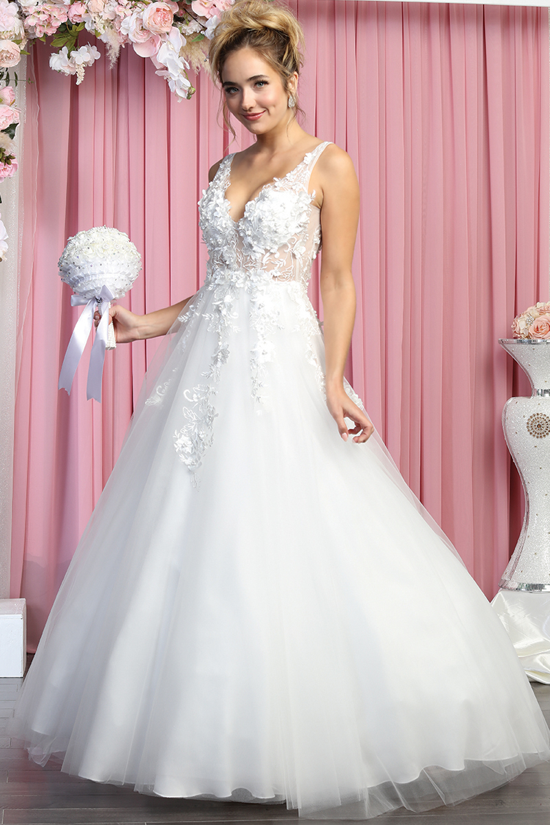 Lace V Neck A Line Wedding Dress